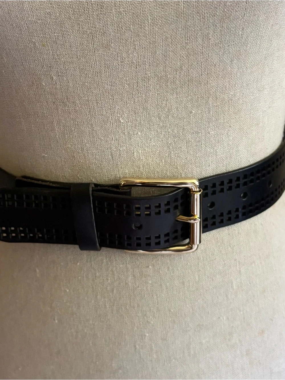 Cole Haan Black Leather Belt with Gold Logo Accent 5 Notches